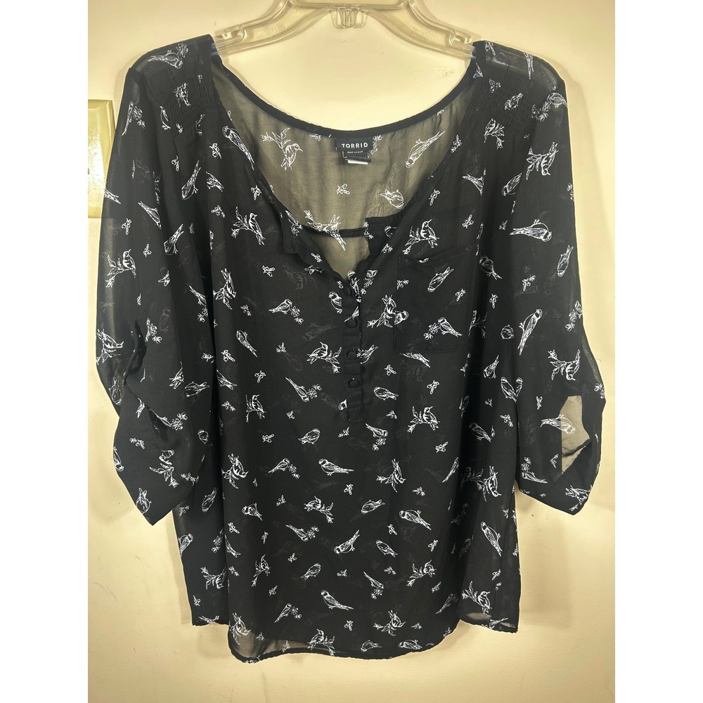 Whimsical Torrid Black Novelty Bird Print Sheer Top Plus Size 2X Nature Dainty - Picture 1 of 12
